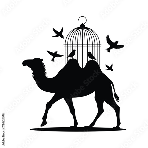 Silhouette of a camel with birds and an open birdcage