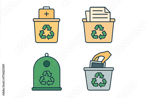 Bins for recycling of batteries, paper, glass, and waste in various colors for environmental awareness and sustainability efforts