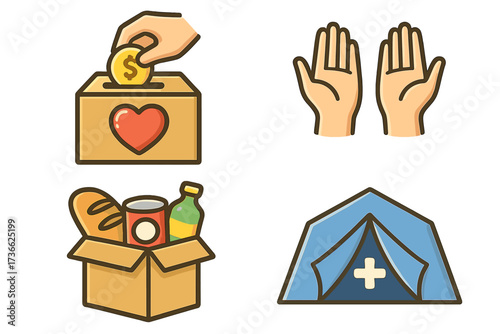 Community support initiatives showcasing donation activities, food supplies, and shelter setups for those in need