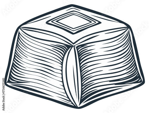 Stylized abstract cube with swirling lines and a central diamond shape, minimalist graphic design
