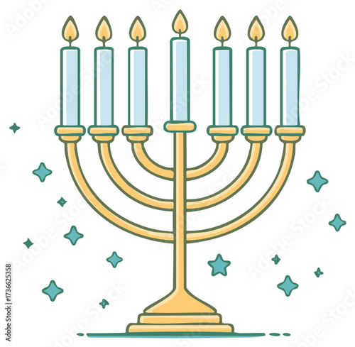 Seven lit candles on a golden candelabra illustration with sparkling stars