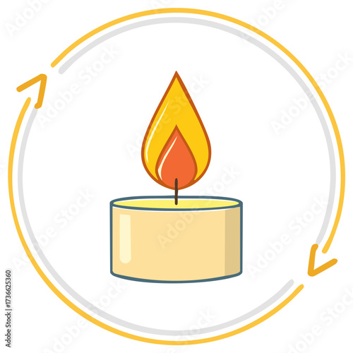 Burning candle in a round frame with arrows, symbol of energy and light.