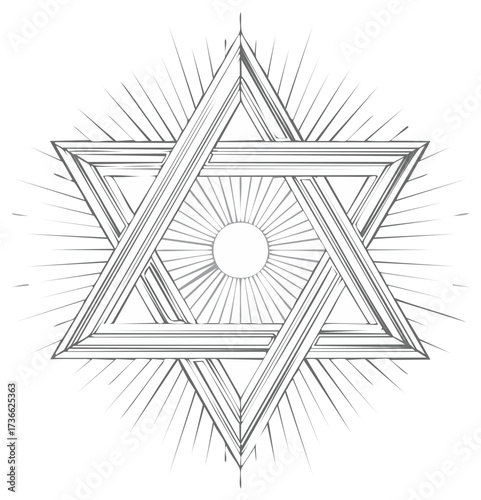 Elegant Stylized Star of David Symbol with Radiant Sunburst Rays and Geometric Outline