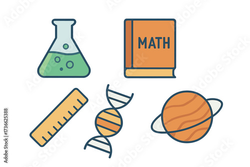Iconic scientific symbols showcasing chemistry, mathematics, biology, and astronomy in a creative and educational design