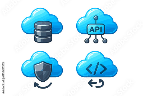 Cloud computing icons representing data storage, API connectivity, security, and development tools in a modern digital environment