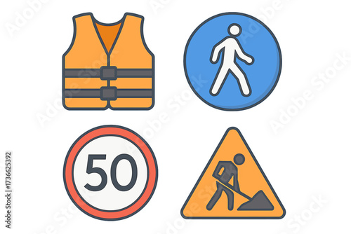 Traffic safety signs and clothing display safety regulations in urban areas for pedestrians and drivers working in construction zones