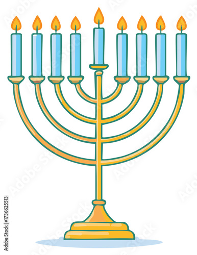 Menorah with eight lit candles and a ninth candle holder, Jewish holiday celebration