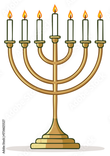 Golden Menorah with Seven Lit Candles Festive Religious Candlestick
