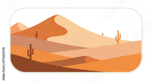 Minimalist desert landscape illustration with sand dunes and cacti, creating a serene and warm atmosphere