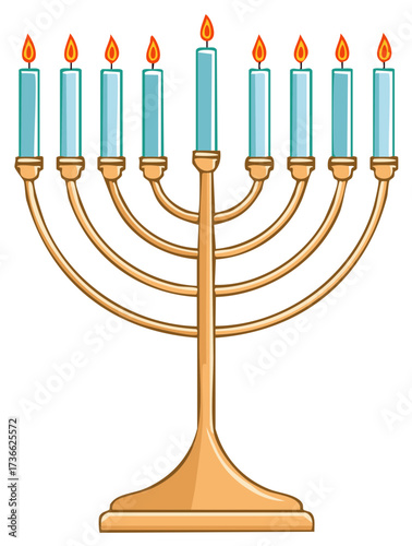 Illustration of a golden menorah with nine lit blue candles