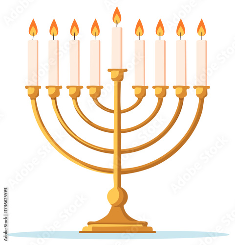 Traditional gold Hanukkah menorah with nine burning candles vector illustration
