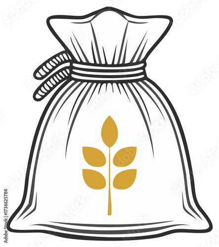 Sack with golden wheat stalk symbolizing agriculture and harvest, illustration