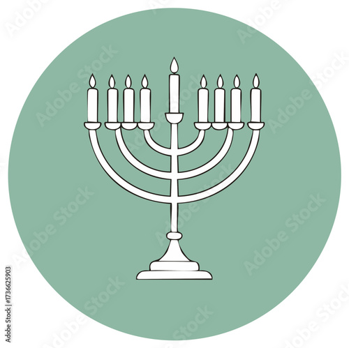 Simple Line Drawing of a Menorah with Lit Candles on a Teal Circular Background