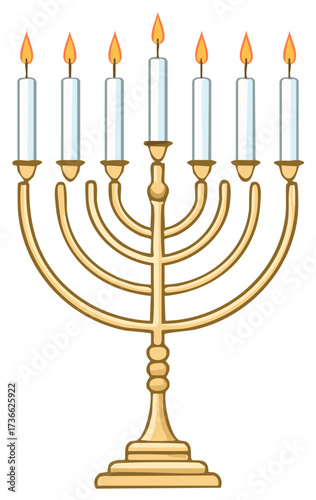 Golden Hanukkah Menorah with Seven Burning Candles Celebrating Jewish Holiday