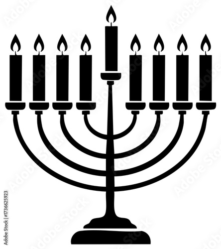 Lit Hanukkah menorah silhouette icon with nine burning candles representing a religious holiday celebration