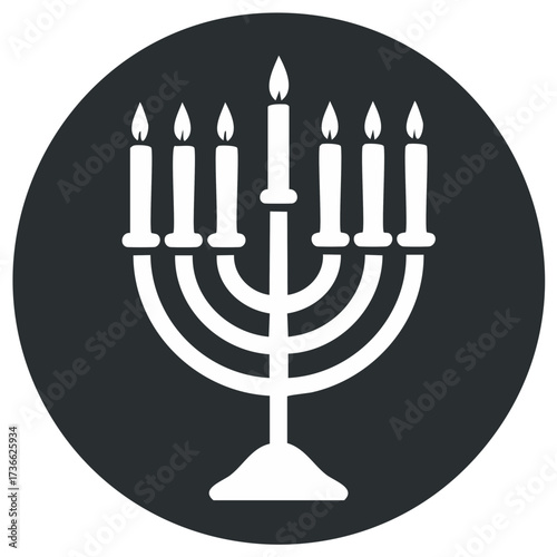 Hanukkah Menorah with lit candles illustration on dark background symbol of Jewish Holiday celebration.