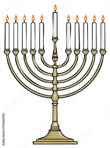 Hanukkah menorah illustration with nine candles shining bright light for the holiday celebration