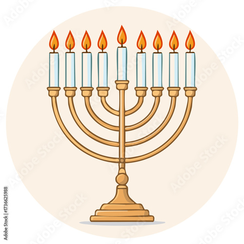 Candle lit menorah with eight flames and a central holder