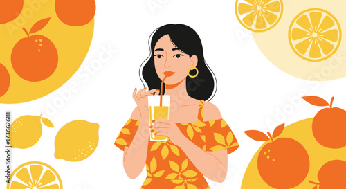Cheerful Young Woman Drinks Fresh Juice with Citrus Fruits Decorations and Design
