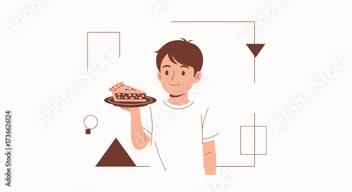 Cheerful Young Person Displays Delicious Pie on a Plate with Graphic Elements