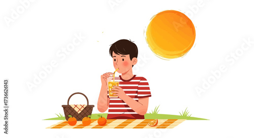 Cheerful Youngster Enjoying Refreshing Juice Outdoors During a Sunny Picnic Day