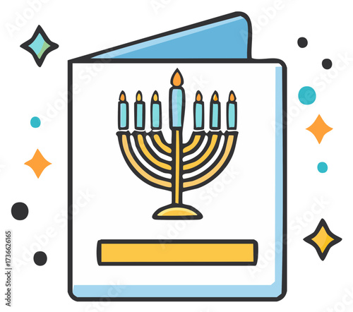 Illustrated Hanukkah greeting card featuring a lit menorah with vibrant festive star accents and a space for personalized messages