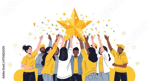 Celebrating Achievement: A Diverse Group Reaching for a Golden Star of Success Together