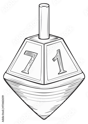Dreidel with numbers one and seven spinning on a surface illustration