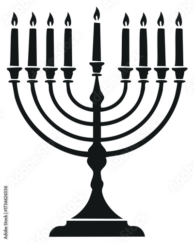 Elegant Menorah Illustration with Nine Burning Candles for Hanukkah Celebration Symbolizing Holiday of Lights