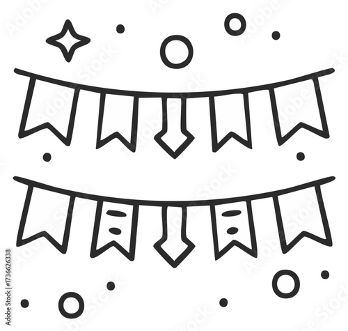 Festive bunting flag garland with confetti dots and stars line drawing celebration decoration