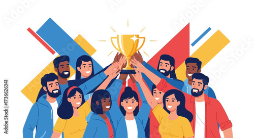 Celebrating Achievement: A Diverse Team Rejoices With A Trophy, Achieving Victory Together