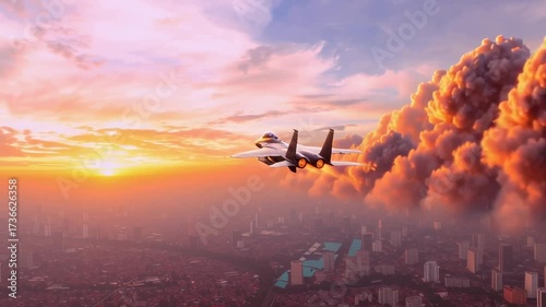 A jet is flying through a city with a beautiful sunset in the background. The sky is filled with clouds, and the jet is leaving a trail of smoke behind it. Concept of power and freedom