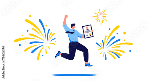 Celebrating Achievement: A Worker Joyfully Displays a Certificate, Embracing Triumph