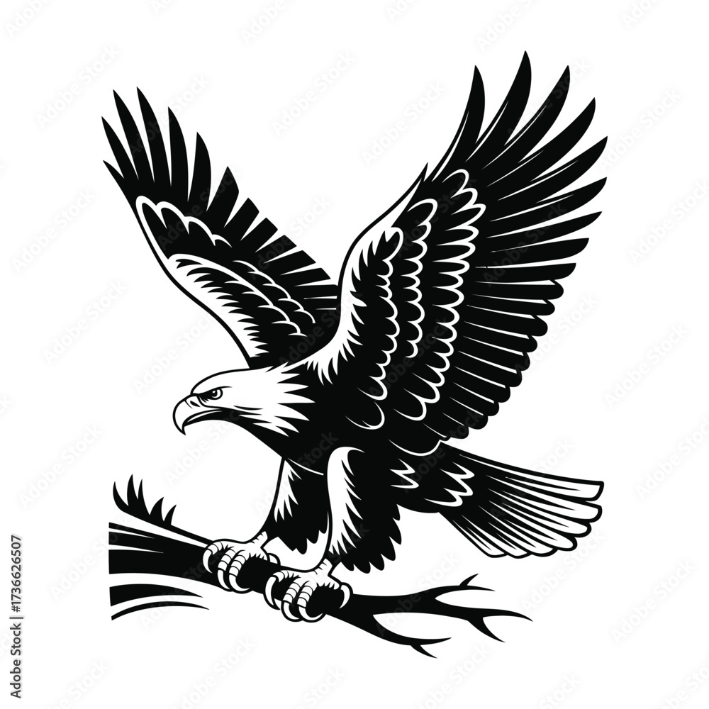 Obraz premium Majestic bald eagle spreading wings on a branch