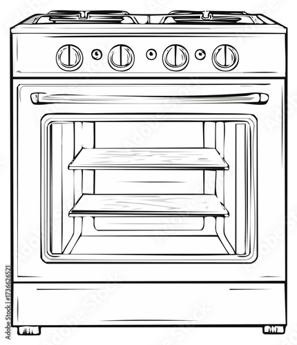 Outline Drawing of Kitchen Range Cooker with Oven and Shelves Black and White