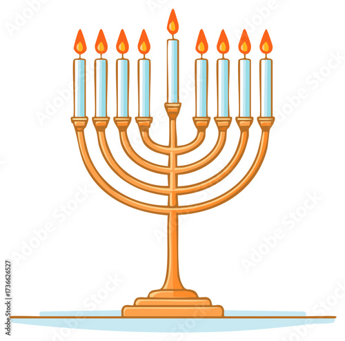 Golden menorah vector illustration with nine lit candles celebrating the Hanukkah festival