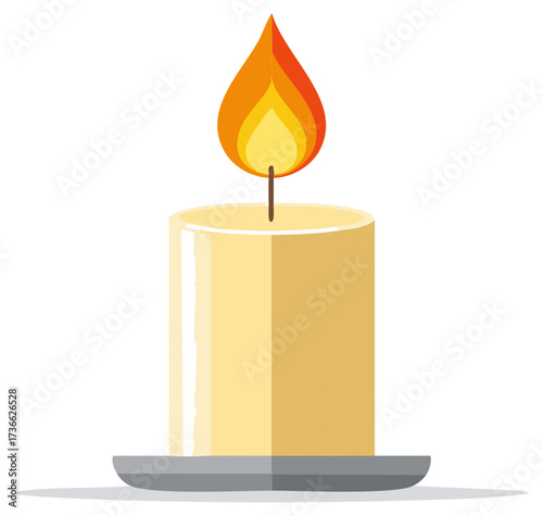 A single lit candle with a bright orange and yellow flame atop a thick cylindrical yellow candle on a grey base
