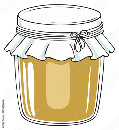 Cartoon illustration of a jar filled with a golden liquid and topped with a cloth cover