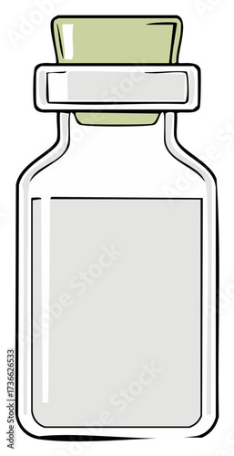 Simple cartoon glass bottle with a cork stopper and light colored liquid inside