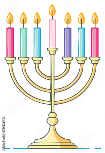 Hanukkah Menorah with Seven Lit Candles: Celebration, Holiday Symbol