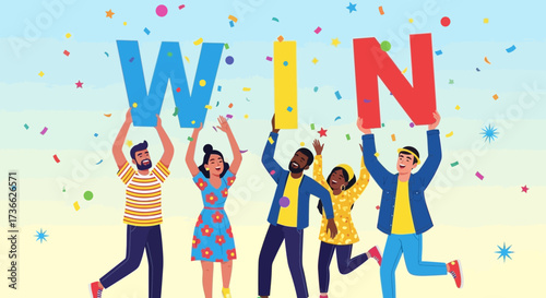 Celebrating Success: A Cheerful Group Holding Letters Spelling Out Win, Filled With Joyful Energy