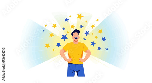Celebrating Success: Joyful Individual Under a Shower Of Stars Experiencing Gratitude