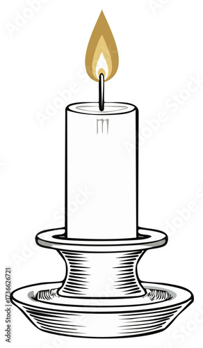 Single burning candle in an ornate candlestick with warm golden flame