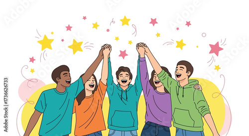 Celebrating Success Together, Joyful Group Reaching High, Smiling Faces Filled With Happiness