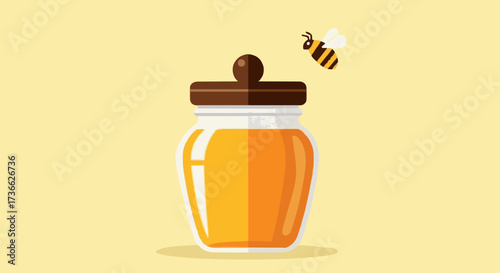 A jar of honey with a bee flying around it