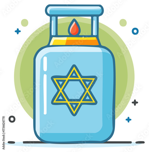 Cartoon gas cylinder with a Star of David, flame illustration