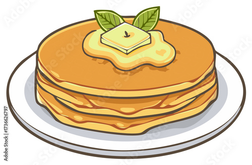 Cartoon pancakes stack, melting butter square and leaves, breakfast on a plate