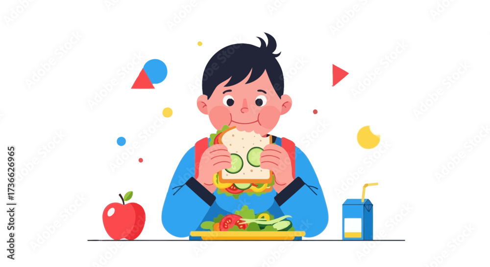 Fototapeta premium Child Is Enjoying A Nutritious Sandwich And Healthy Lunch With Some Delicious Fruits