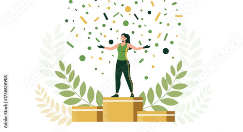 Celebrating Victory: A Champion Standing on Podium Amidst Festive Confetti Shower
