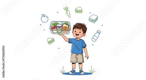 Child Holding Lunchbox and Food Elements: Healthy Eating and Nutrition Concept